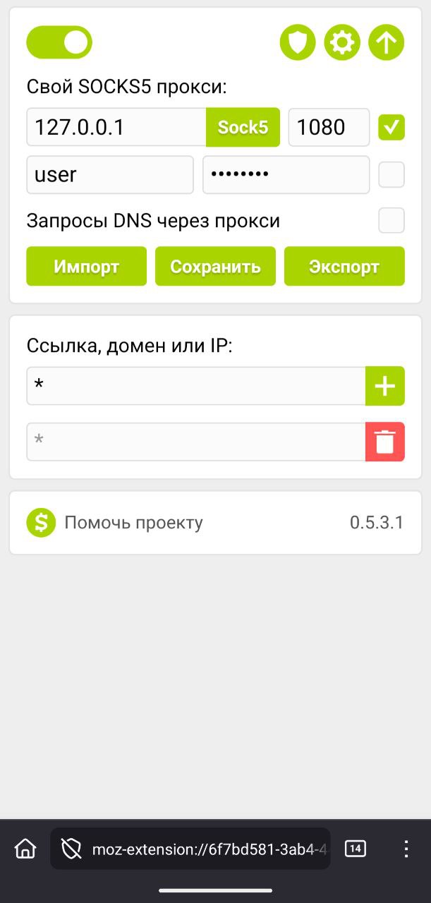 Настройка Mini Proxy в Firefox — указание 127.0.0.1:1080 и правила *